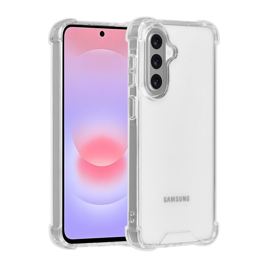 Op de foto zie je een transparant telefoonhoesje voor een Samsung-telefoon. Het is een backcover die je toestel beschermt tegen krassen en stoten. Het hoofddoel is je smartphone veilig te houden zonder het design te verhullen. Het hoesje is volledig doorzichtig en gemaakt van flexibel TPU met versterkte schokabsorberende hoeken en matte zijranden voor extra grip. Je gebruikt het dagelijks onderweg, op kantoor of thuis om onverwachte valpartijen en krasjes te voorkomen. Het is ideaal voor mensen die hun telefoon discreet willen beschermen tijdens actieve momenten of voor kinderen met een hoog valrisico. Het slanke profiel zorgt dat de telefoon licht in de hand blijft, de afgeronde randen bieden extra valbescherming en de nauwsluitende pasvorm houdt stof en vuil buiten.