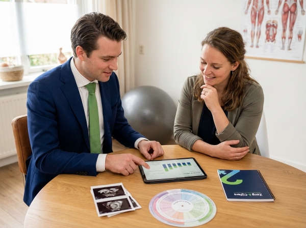 Op de foto zie je een vrouw en een zorgprofessional aan een huiskamertafel die samen een interactieve grafiek op een tablet bekijken, met daarnaast echoafbeeldingen en een kleurrijk cycluswiel. Dit betreft een preconceptie- en zwangerschapsbegeleidingsdienst waarin persoonlijke data, visuele hulpmiddelen en echo’s worden geïntegreerd in één consult. Het hoofddoel is koppels direct inzicht te geven in hun vruchtbaarheidscyclus en de ontwikkeling van de zwangerschap. Door de real-time digitale grafiek kun je onderweg beslissingen baseren op actuele metingen, het cycluswiel maakt elke fase van je vruchtbaarheid onmiddellijk helder en de echoafbeeldingen worden direct gebruikt om groei en gezondheid te bespreken.