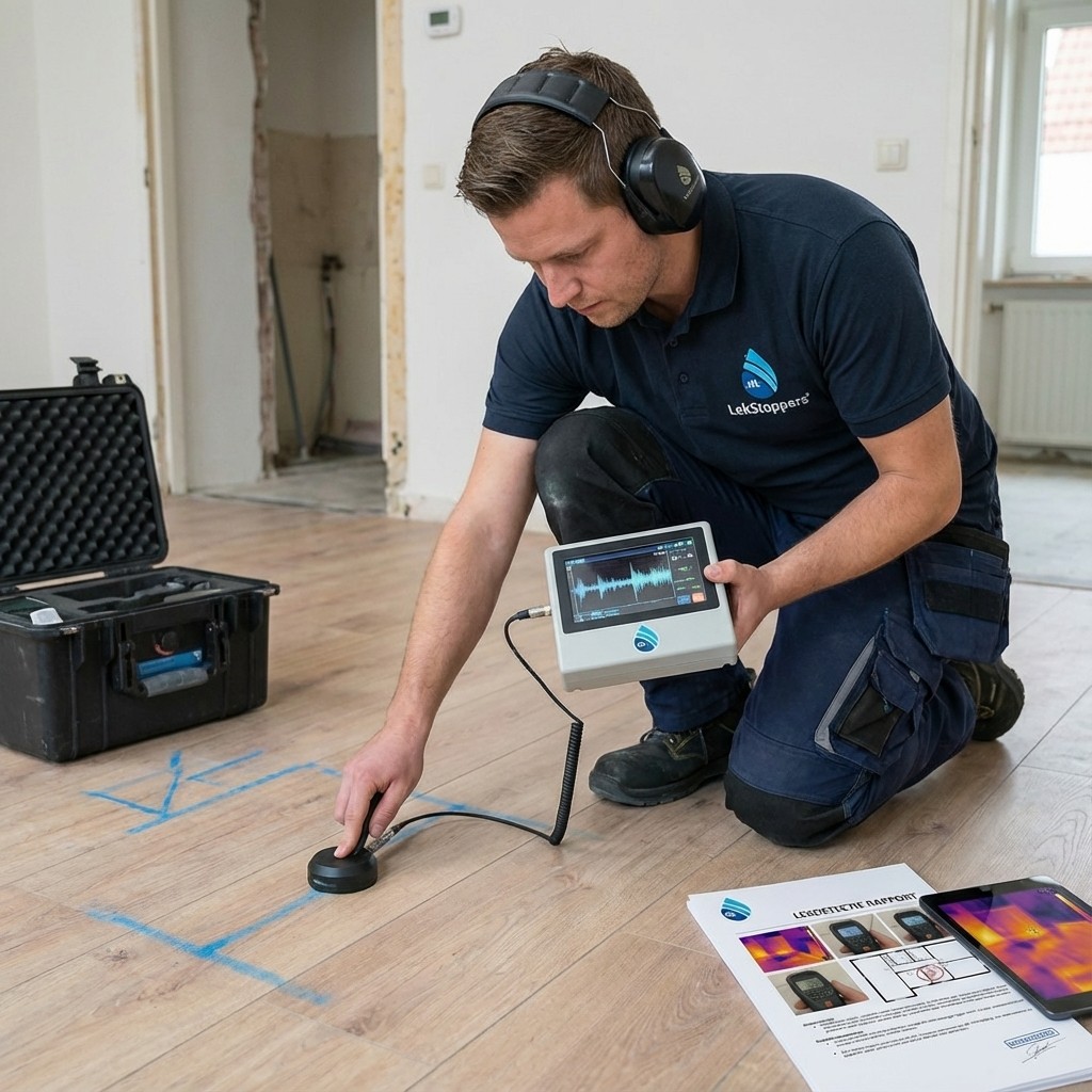 Op de foto zie je een technicus die met een draagbaar ultrasoon lekdetectieapparaat over een houten vloer beweegt om een verborgen waterlek op te sporen. Dit hoort bij een niet-invasieve lekdetectiedienst die met ultrasone sensoren en thermografische camera’s snel en nauwkeurig lekkende leidingen lokaliseert. Het hoofddoel van deze dienst is om waterlekkages exact te identificeren zonder muren of vloeren te slopen. Dankzij het compacte meetinstrument met realtime geluidsweergave kan de monteur binnen enkele minuten de precieze locatie aangeven, de thermische beeldrapportage levert directe visuele bevestiging van het lek en de robuuste transportkoffer beschermt alle apparatuur bij verplaatsing.